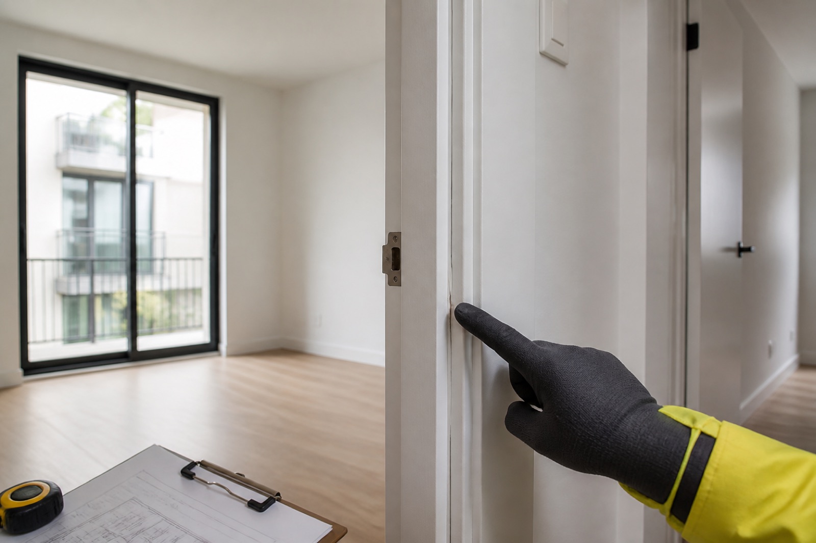 Inspector documenting a finish defect during a pre-handover walkthrough